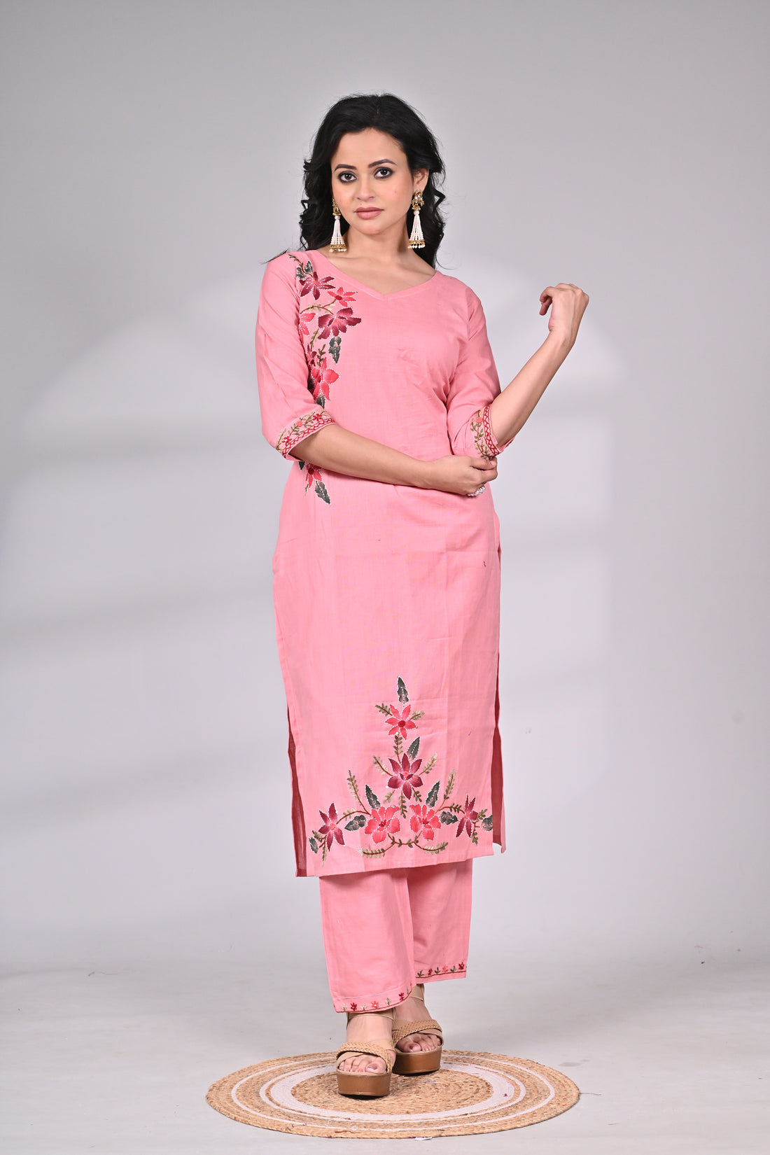 Pink Cotton Hand Painted and Embroidered Suit Set