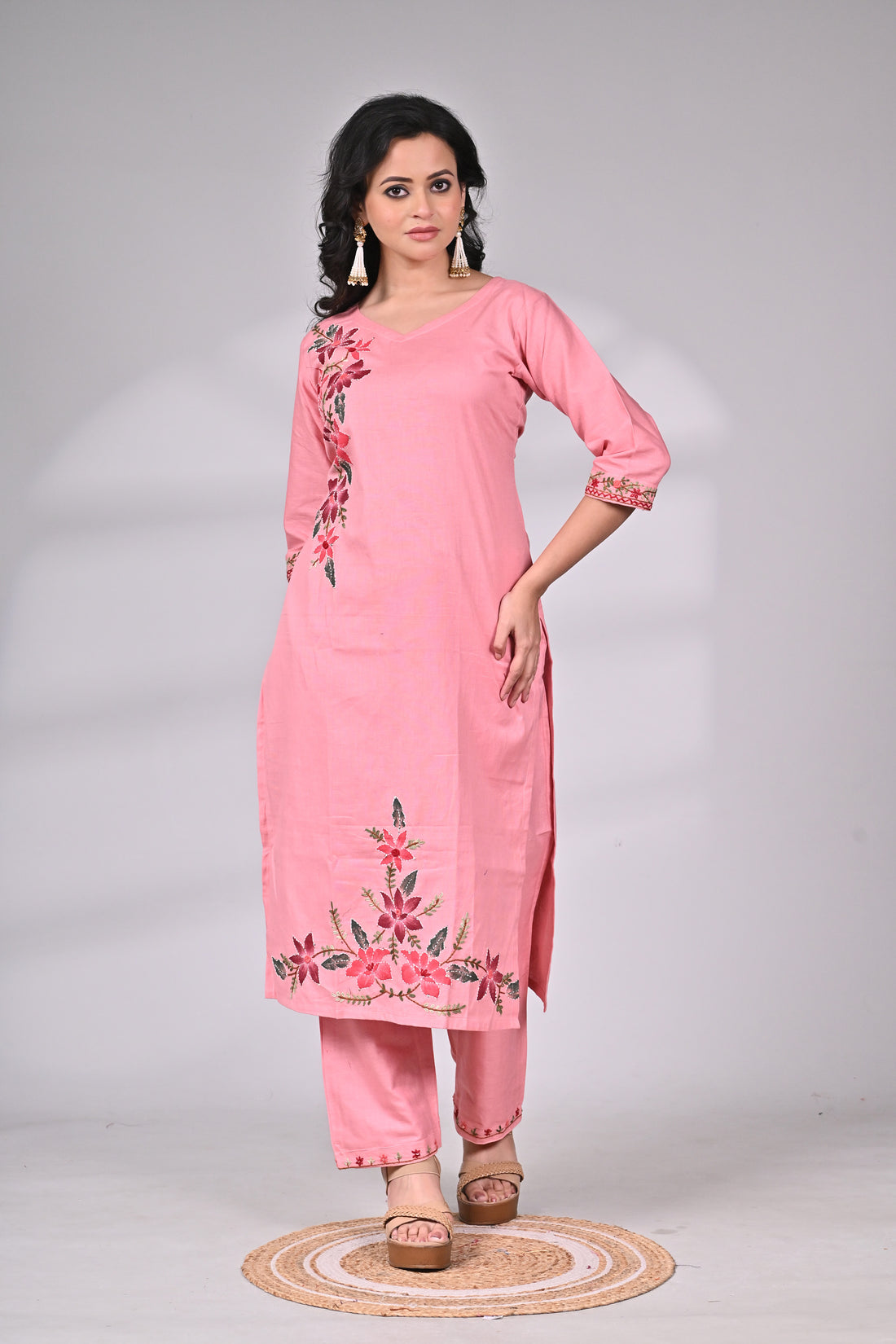 Pink Cotton Hand Painted and Embroidered Suit Set