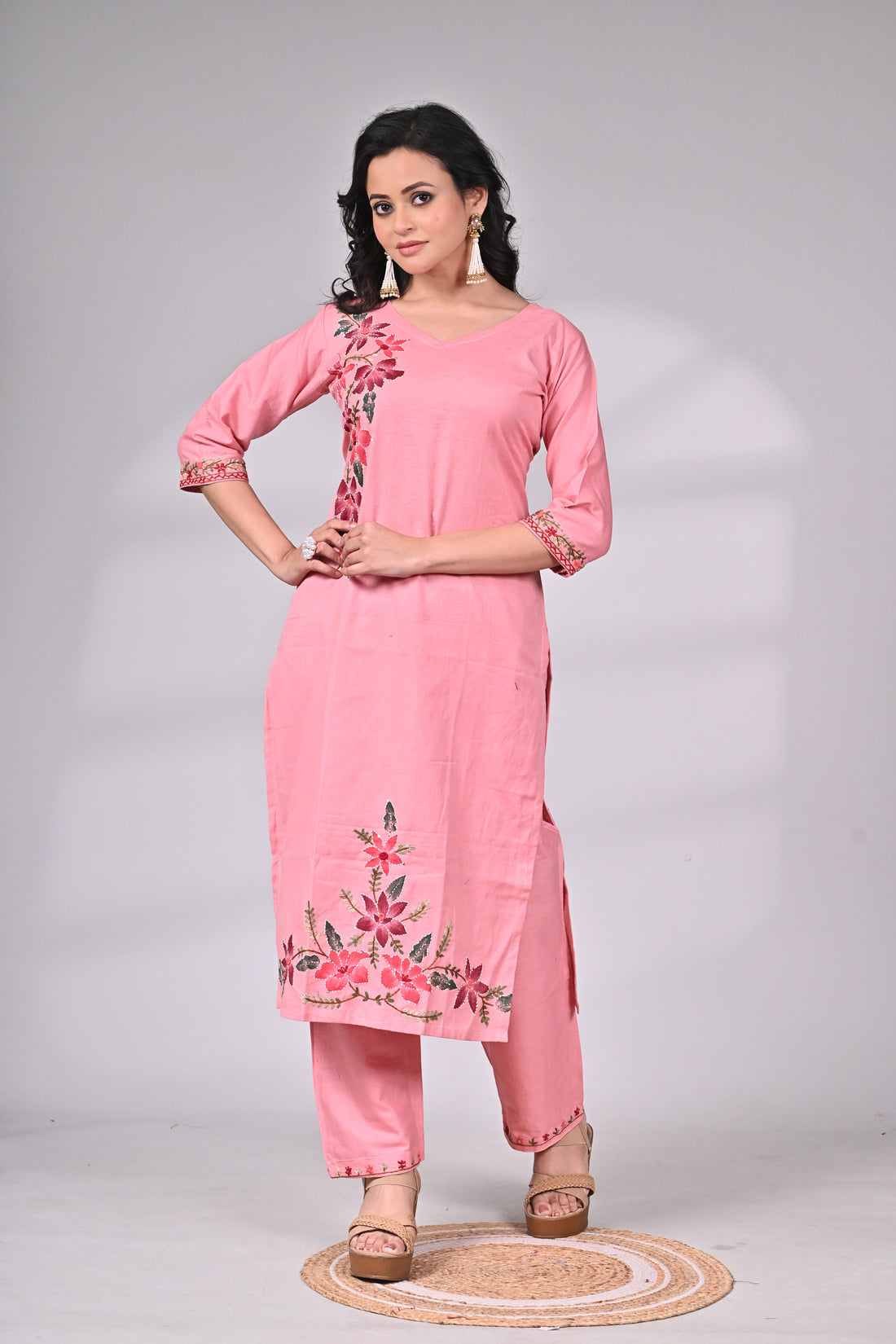 Pink Cotton Hand Painted and Embroidered Suit Set