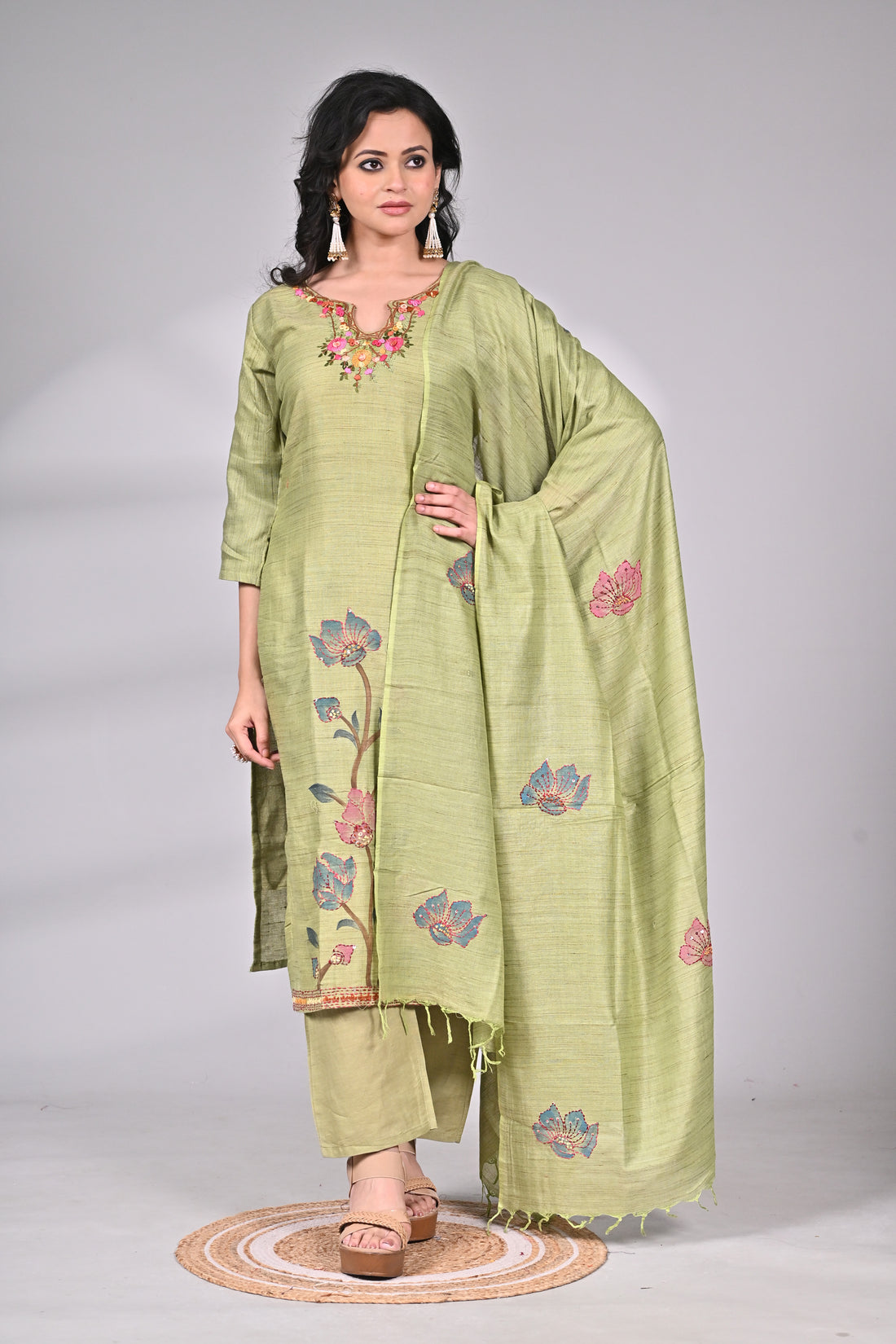 Linen Cotton Hand Painted and Hand Embroidered Suit Set
