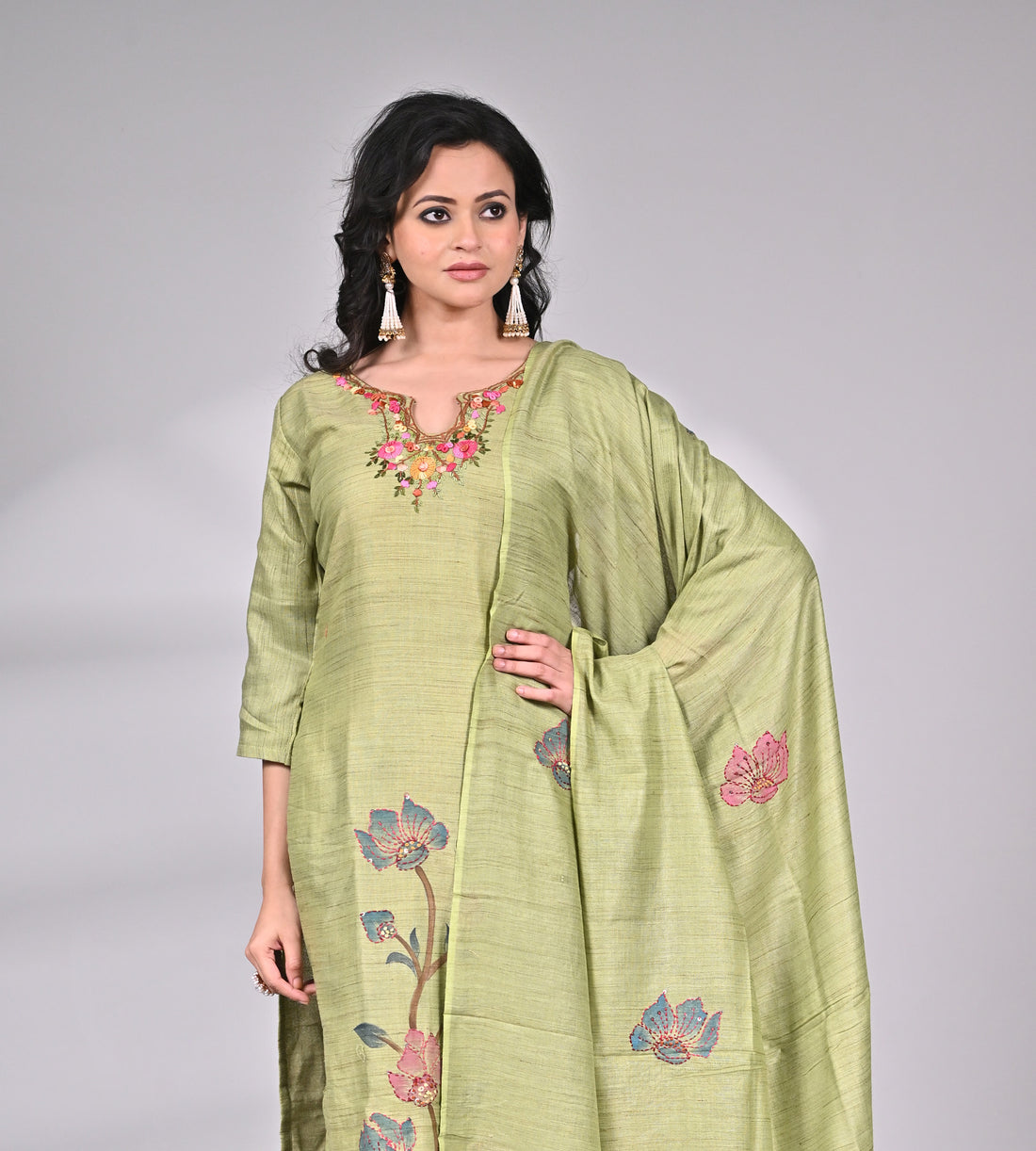Linen Cotton Hand Painted and Hand Embroidered Suit Set