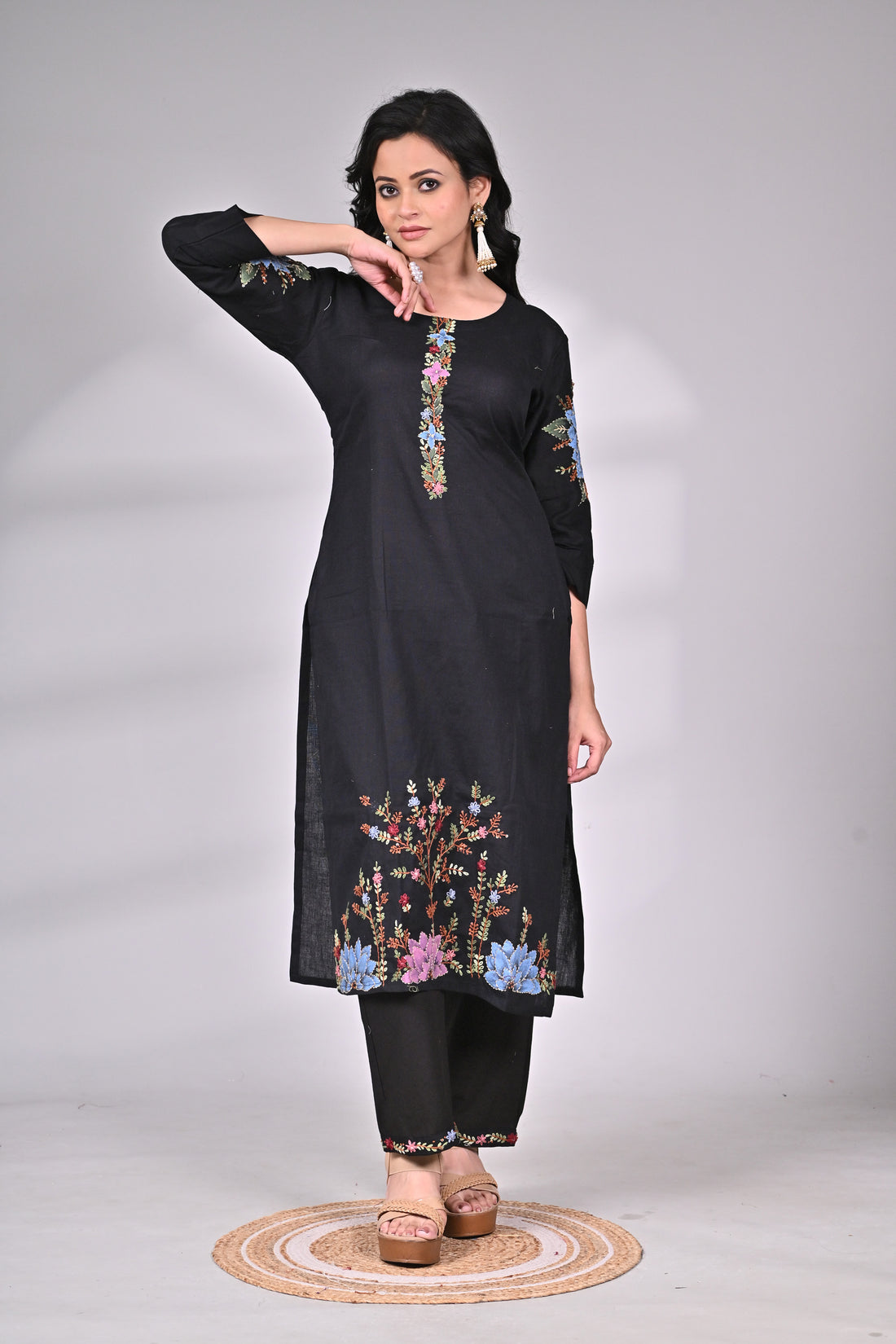 Black Cotton Embroidered Suit Set with Straight Pants