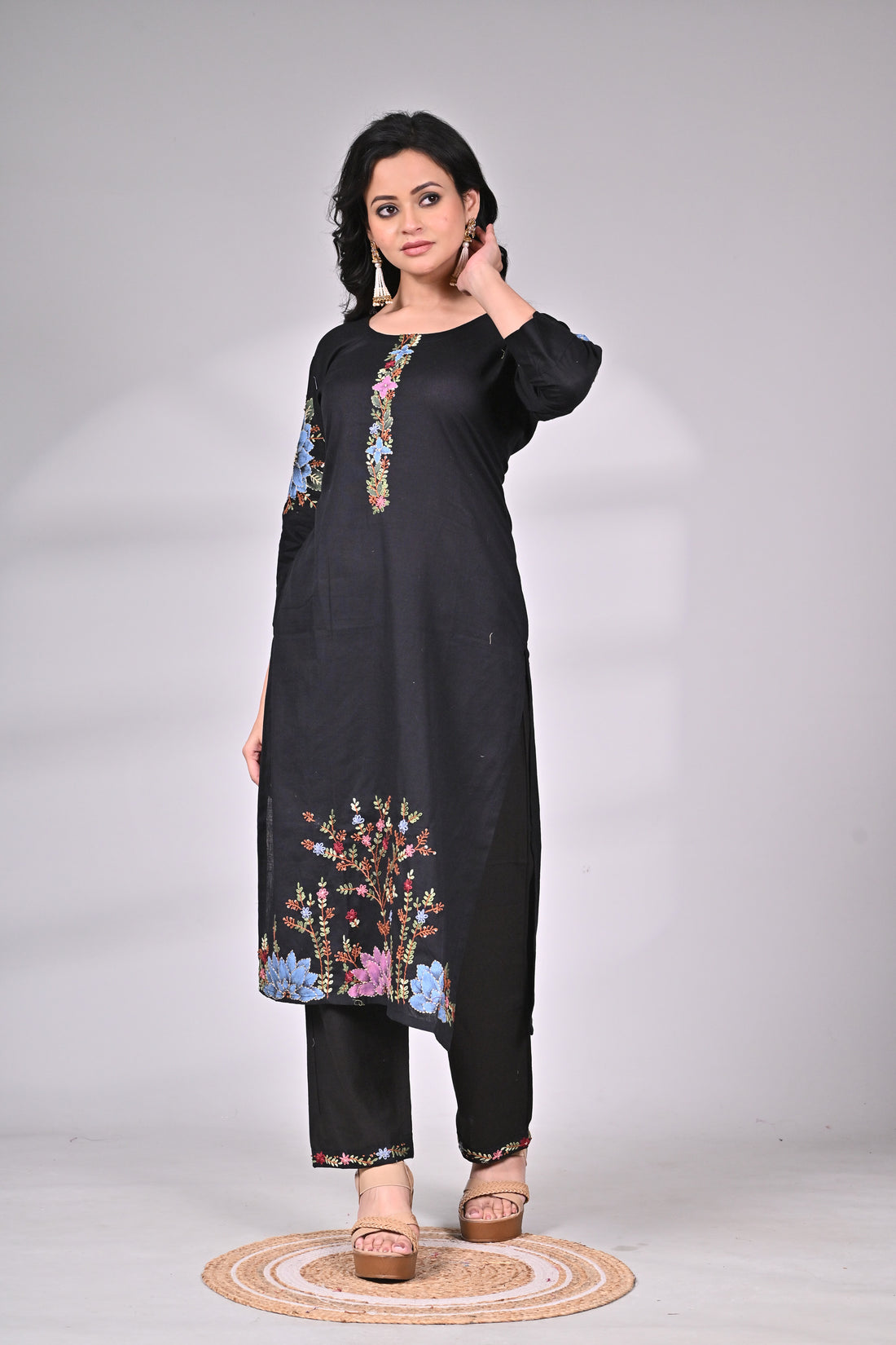 Black Cotton Embroidered Suit Set with Straight Pants