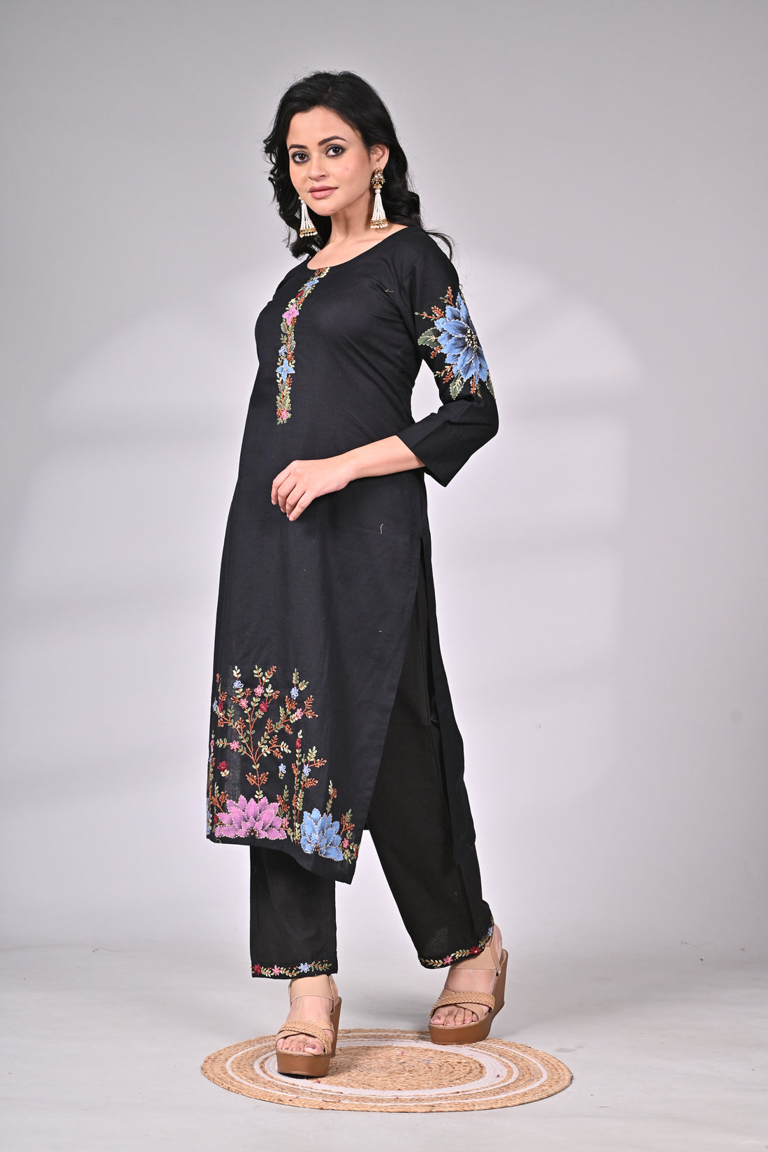Black Cotton Embroidered Suit Set with Straight Pants
