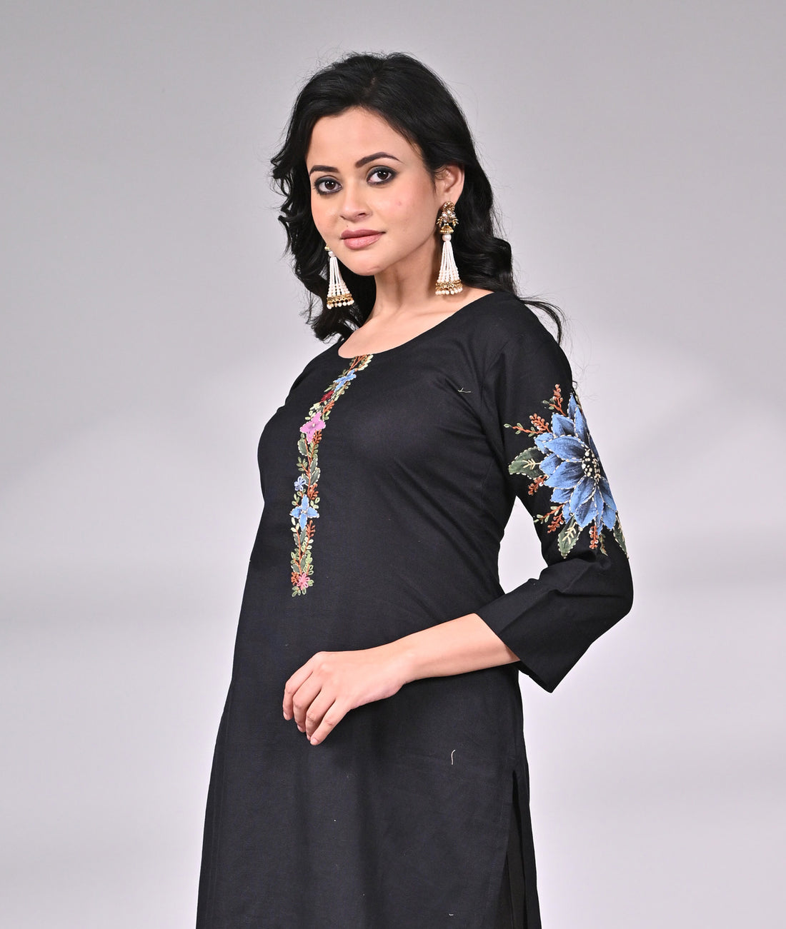 Black Cotton Embroidered Suit Set with Straight Pants