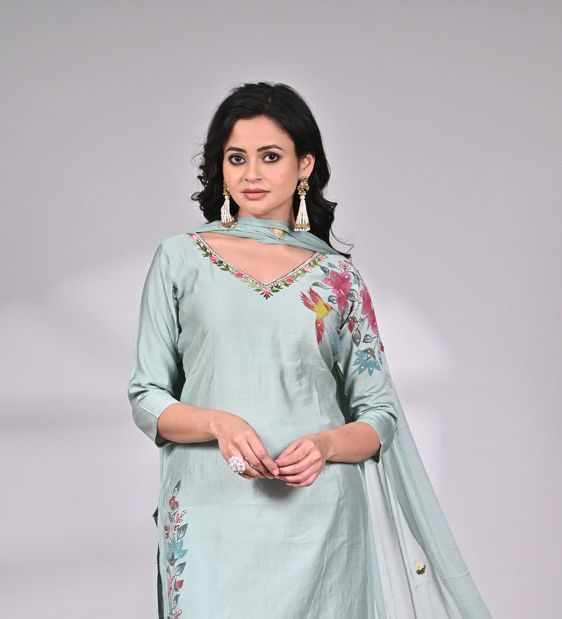 Mint Green Mul Cotton Linen Suit Set with Hand Painting and Embroidery