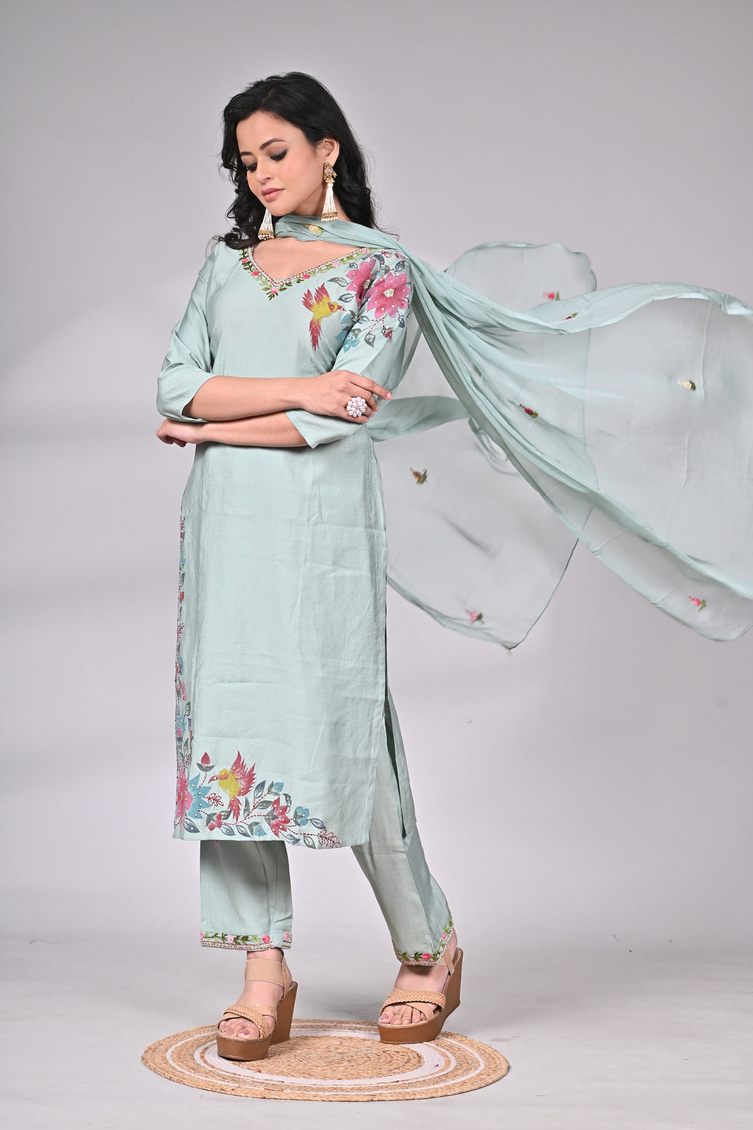 Mint Green Mul Cotton Linen Suit Set with Hand Painting and Embroidery
