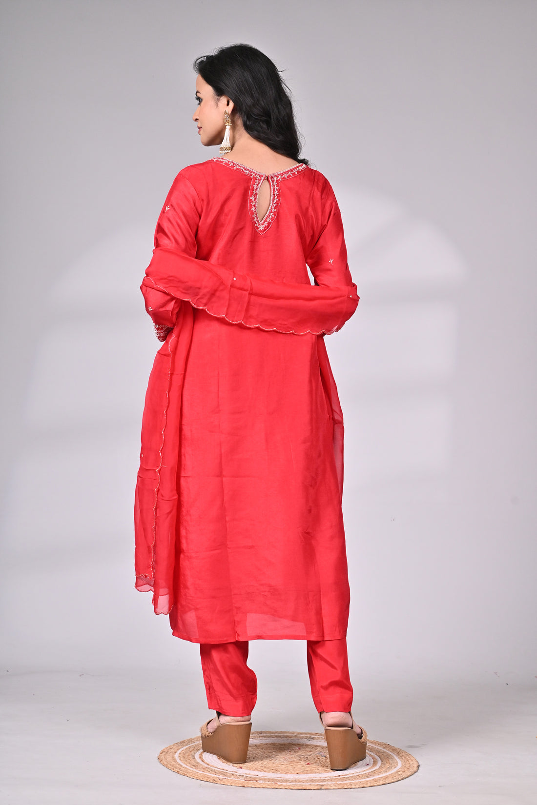 Red Silk Blend Zari Embroidered Suit Set with Dupatta