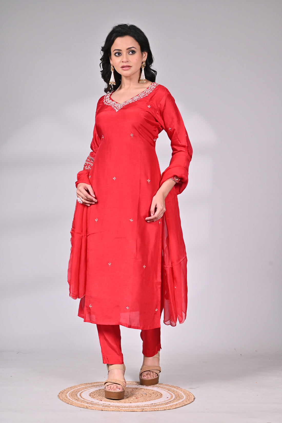 Red Silk Blend Zari Embroidered Suit Set with Dupatta