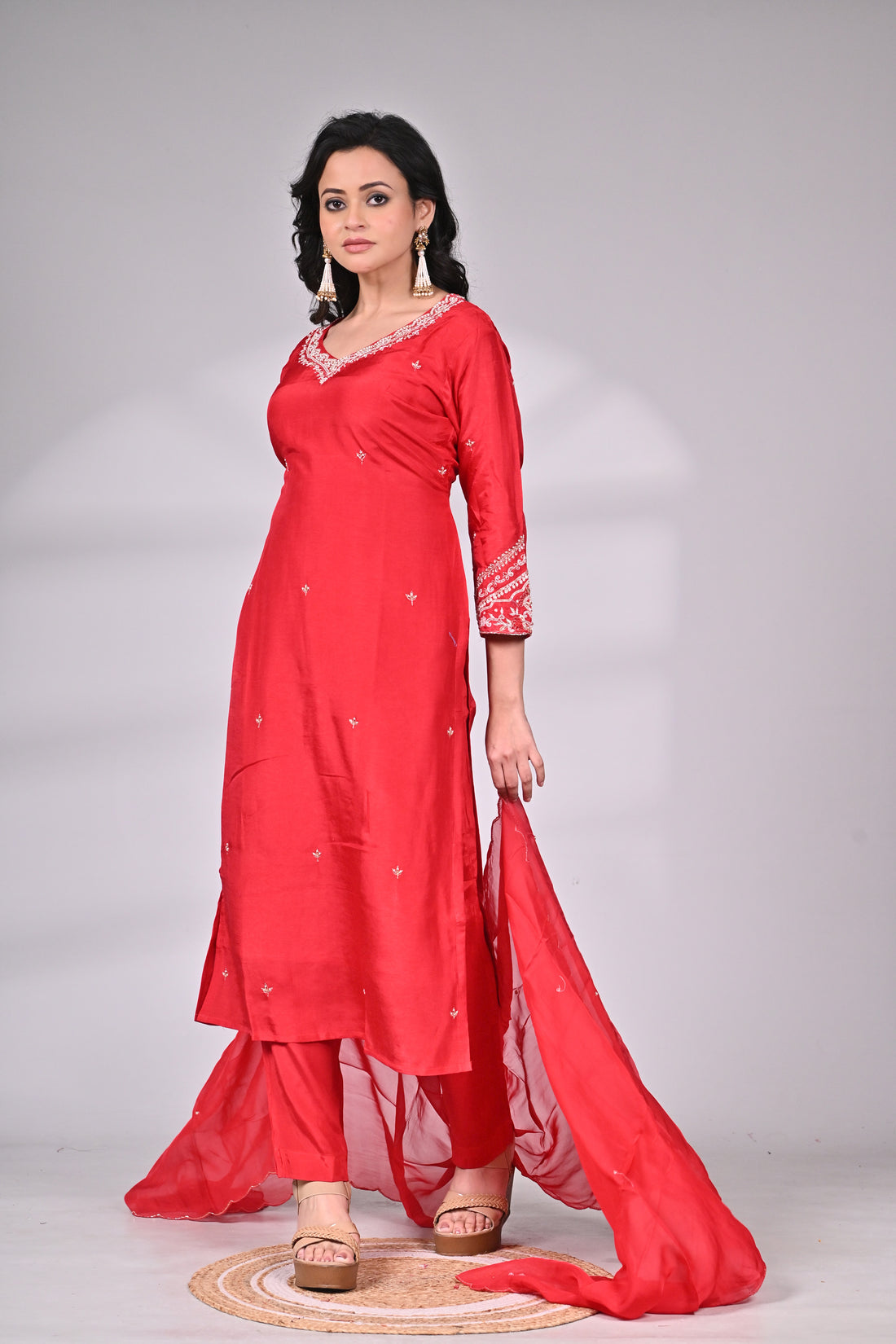 Red Silk Blend Zari Embroidered Suit Set with Dupatta