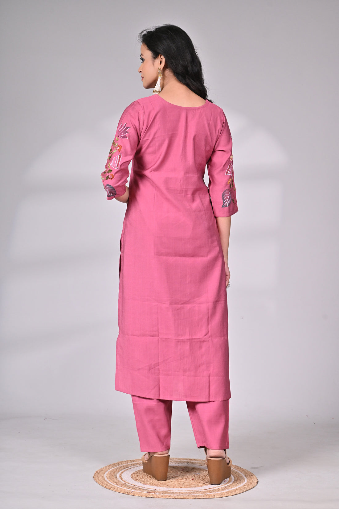 Rose Pink Cotton Silk Hand Embroidered Suit Set