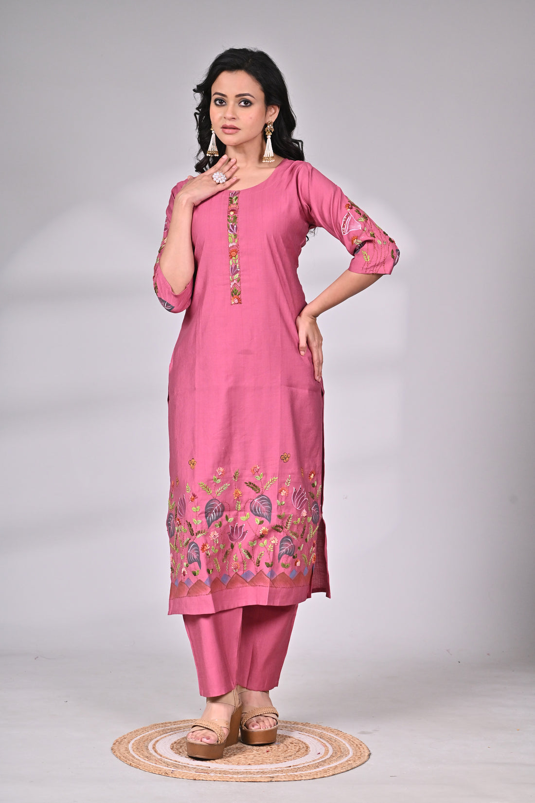 Rose Pink Cotton Silk Hand Embroidered Suit Set