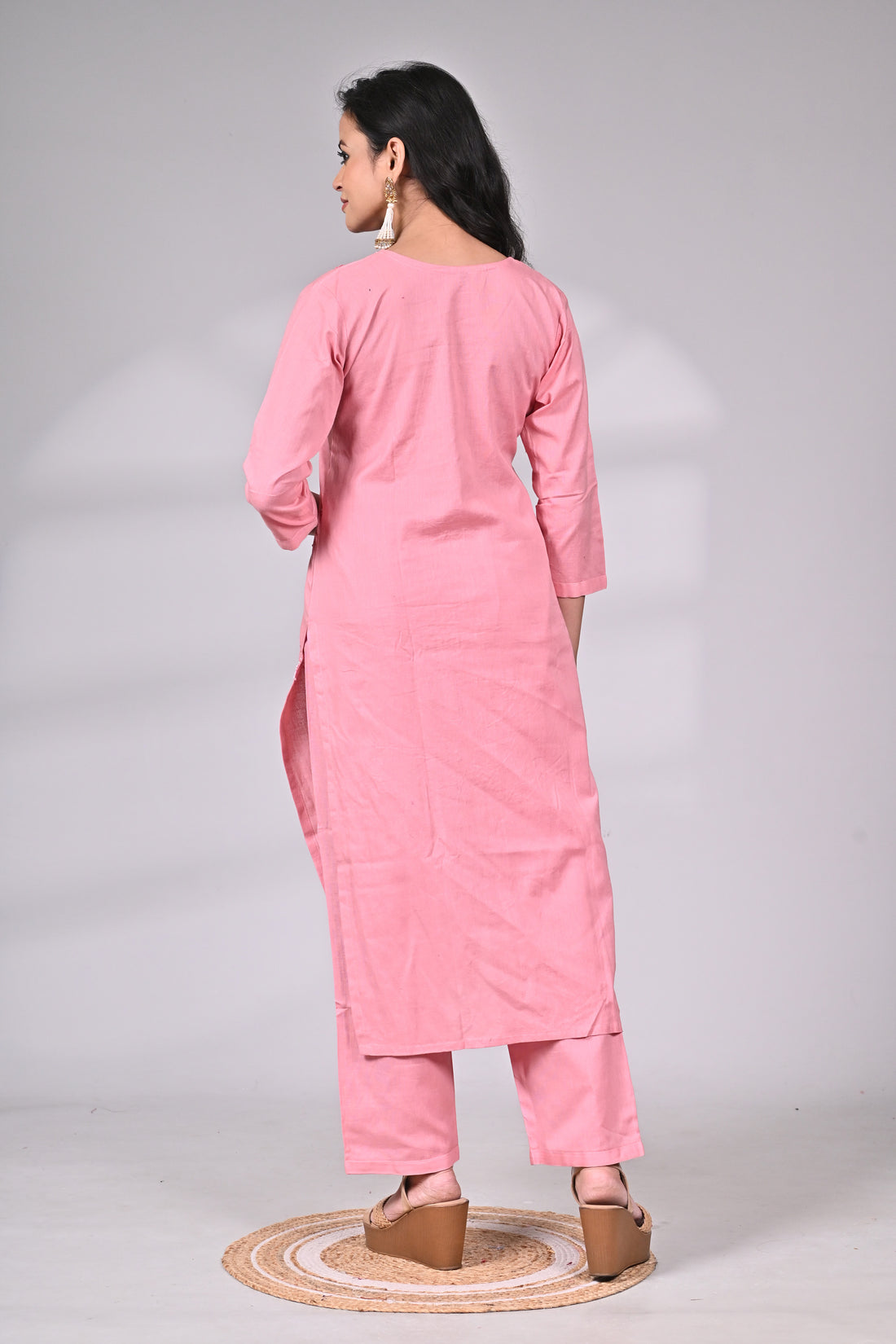 Pink Cotton Suit Set with Thread and Sequin Detailing