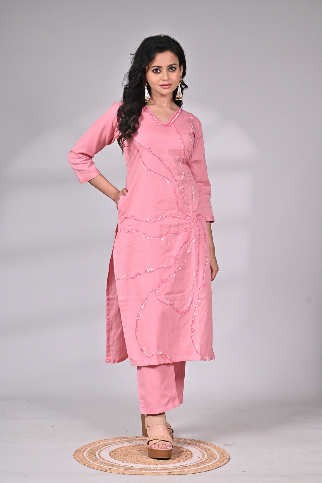 Pink Cotton Suit Set with Thread and Sequin Detailing