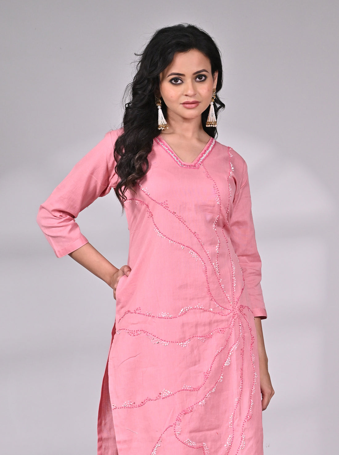 Pink Cotton Suit Set with Thread and Sequin Detailing