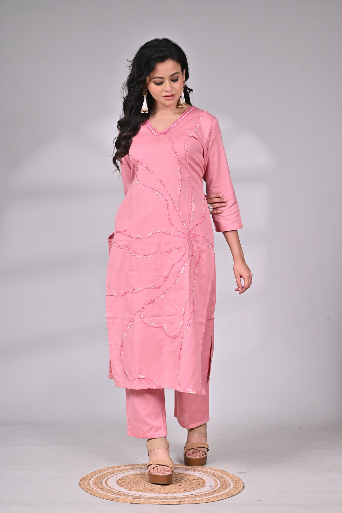 Pink Cotton Suit Set with Thread and Sequin Detailing