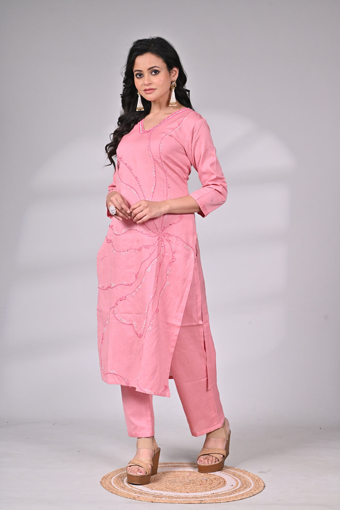 Pink Cotton Suit Set with Thread and Sequin Detailing