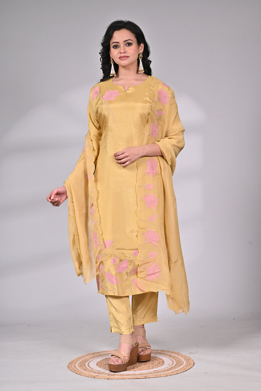 Mustard Silk Blend Suit Set with Applique and Embroidery