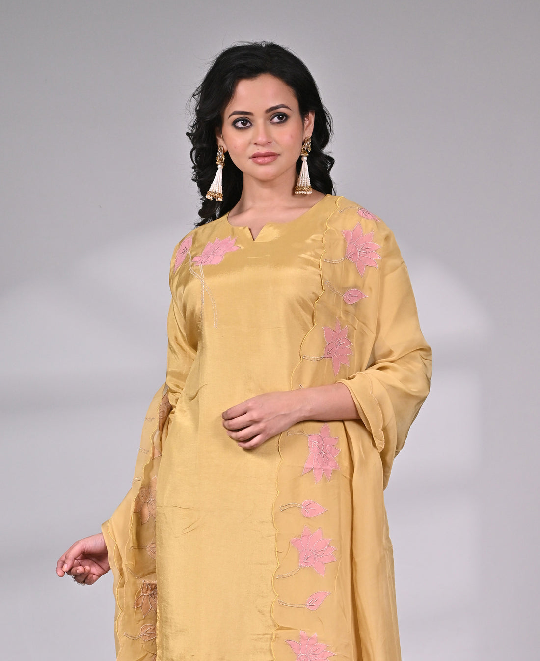 Mustard Silk Blend Suit Set with Applique and Embroidery