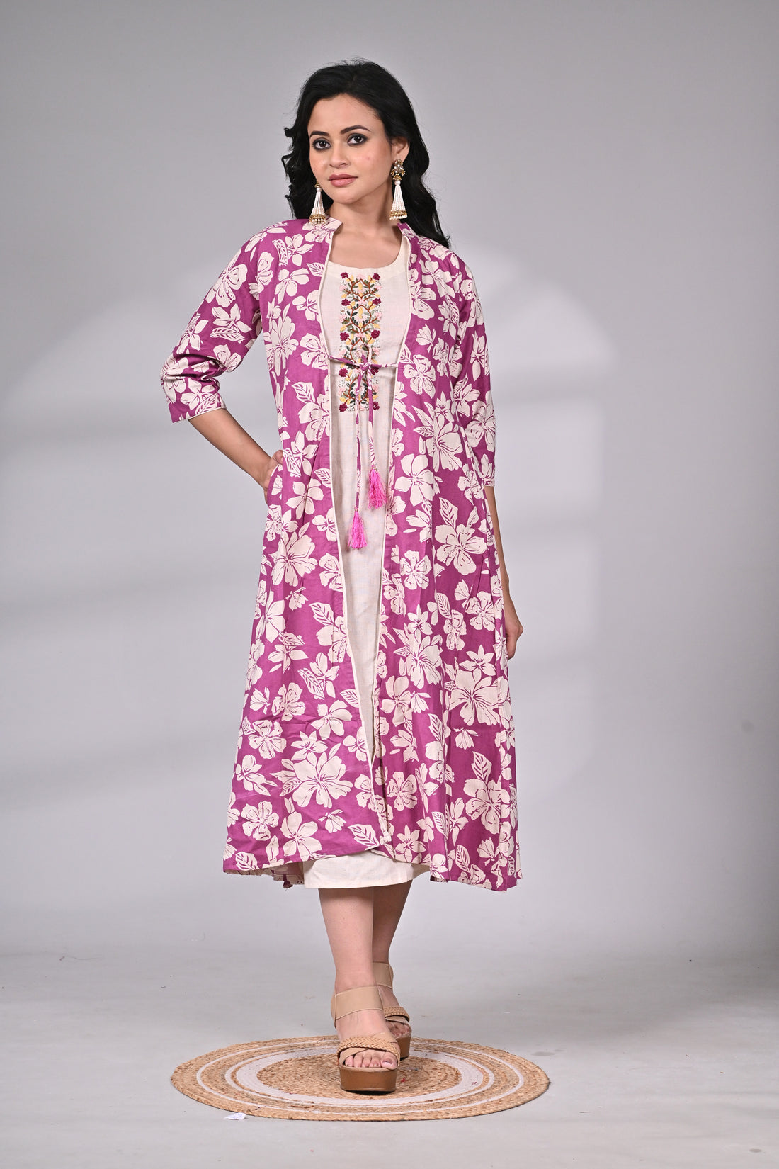 Kora Cotton Embroidered Dress with Printed Jacket