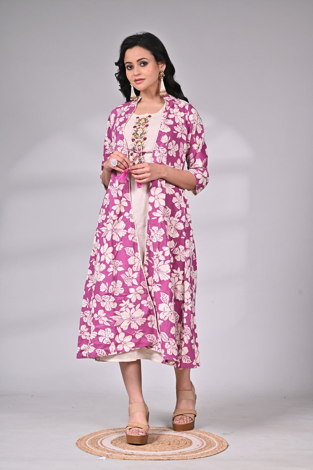 Kora Cotton Embroidered Dress with Printed Jacket