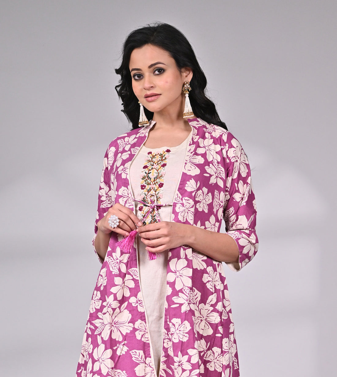 Kora Cotton Embroidered Dress with Printed Jacket