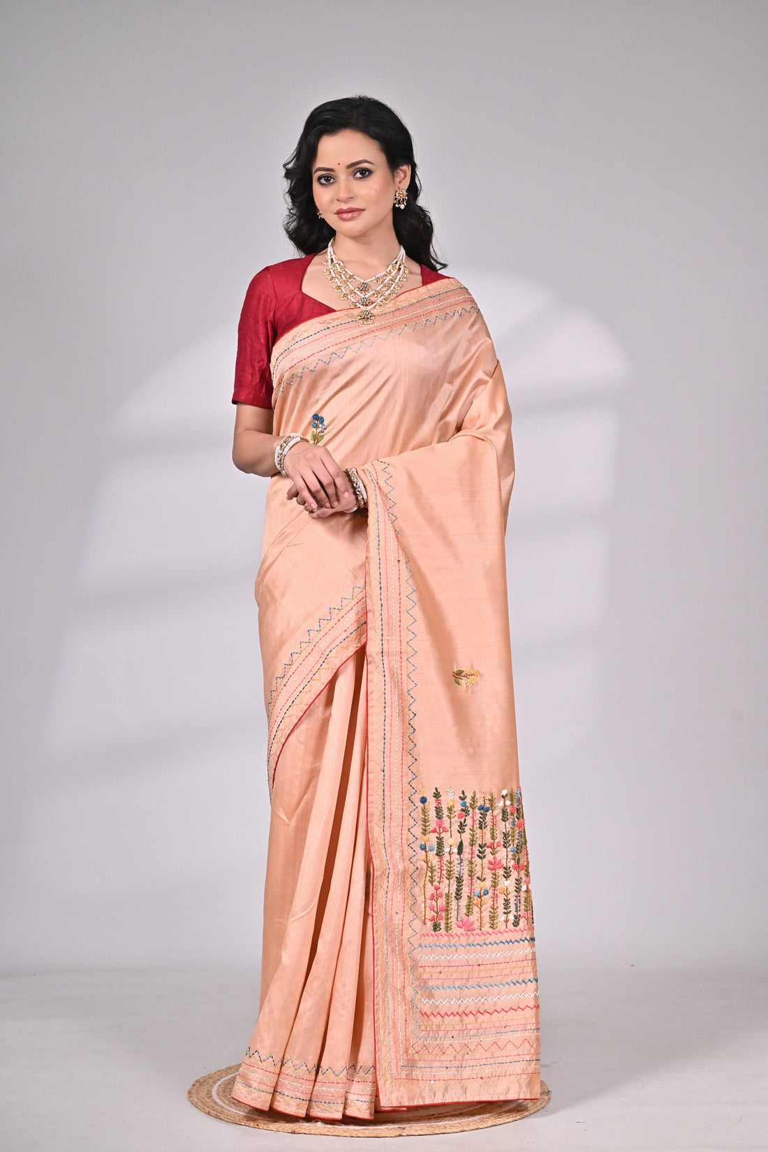 Peach Semi Tussar Hand Embroidery Saree – sarees under 6000