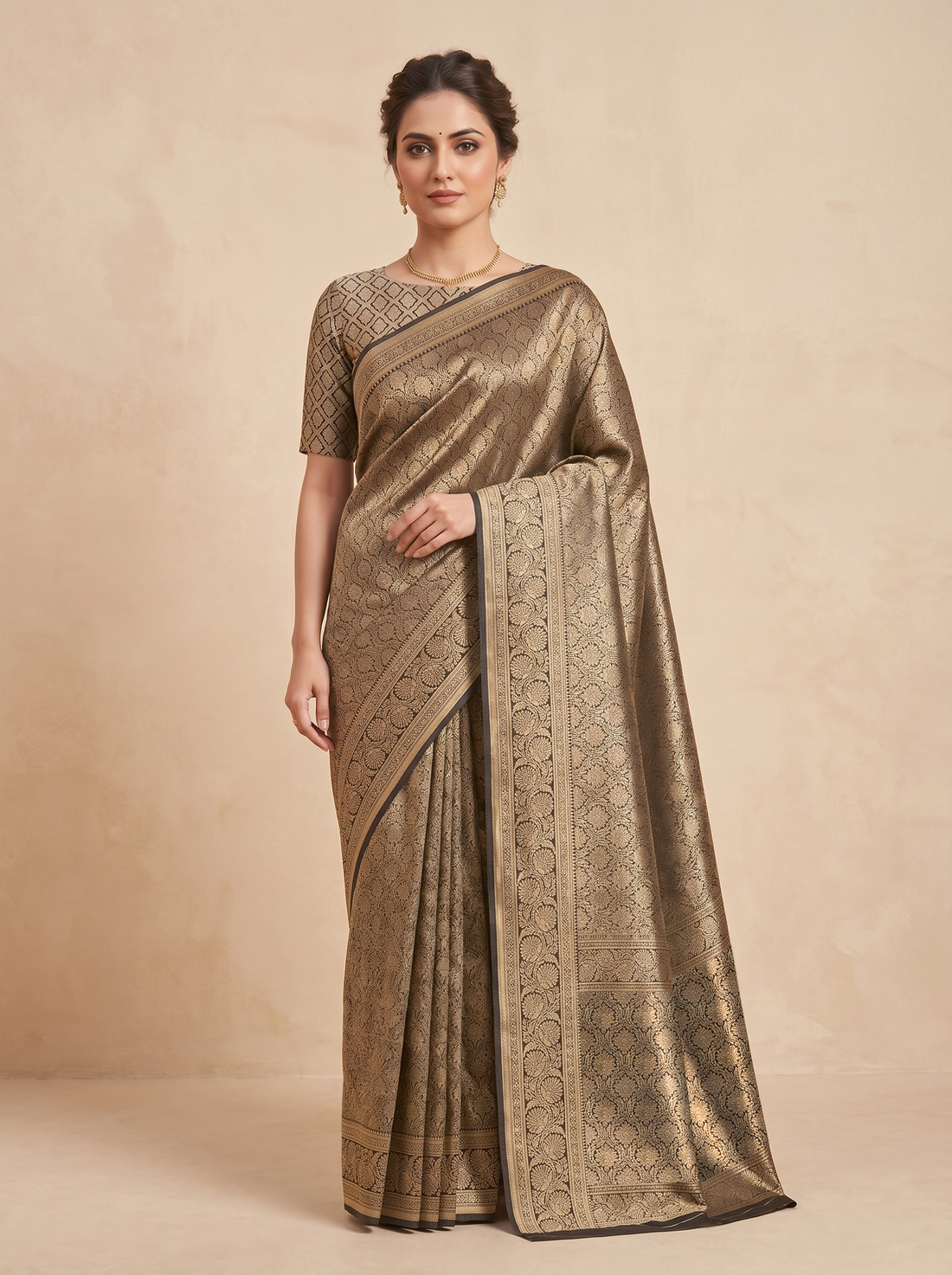 Brown Blended Silk Zari Work Saree