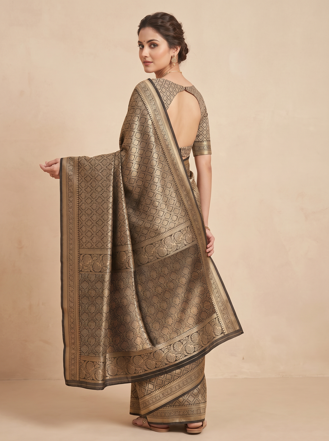 Brown Blended Silk Zari Work Saree