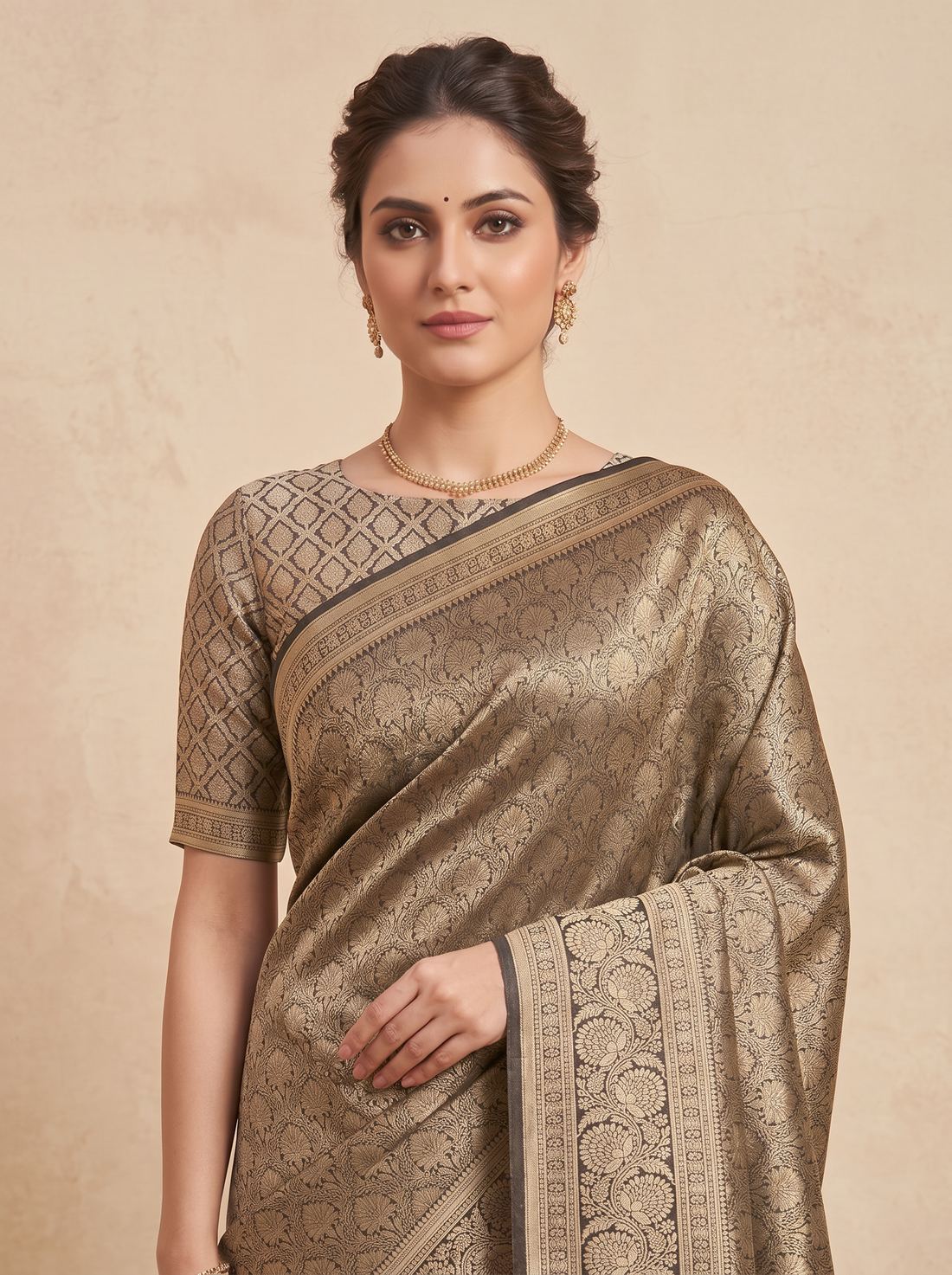 Brown Blended Silk Zari Work Saree