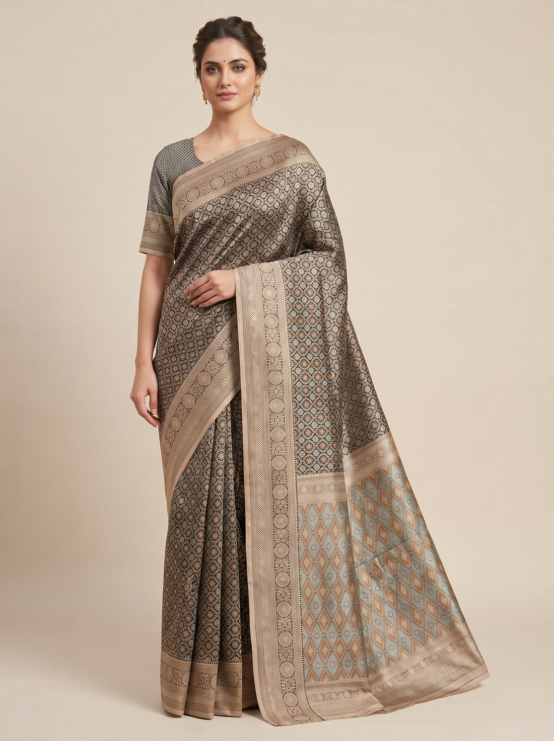 Saantha Signature|Brown Blended Silk Zari Work Saree