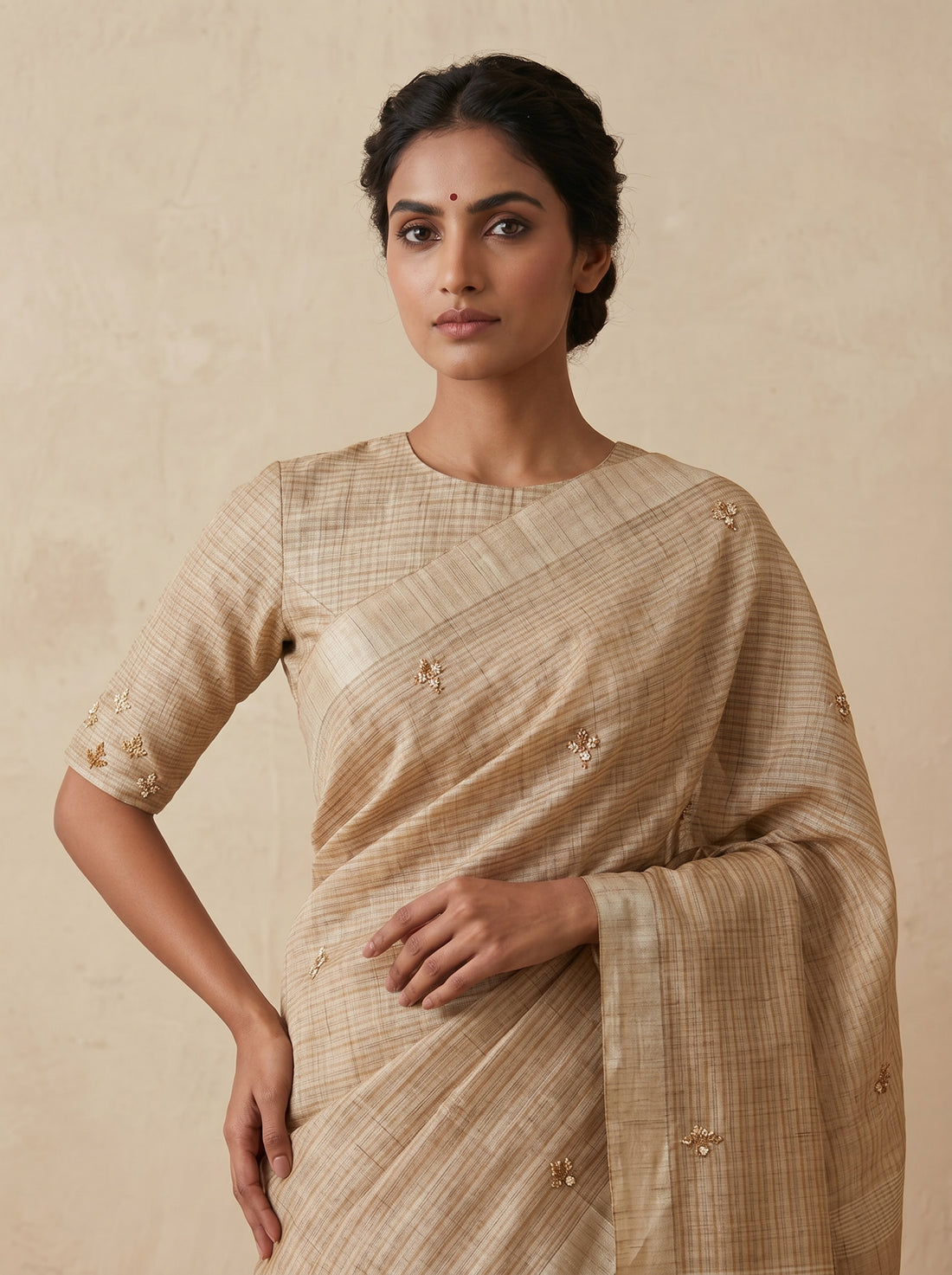 Saantha Signature|Cream Semi Tassar Hand Embroidery Saree