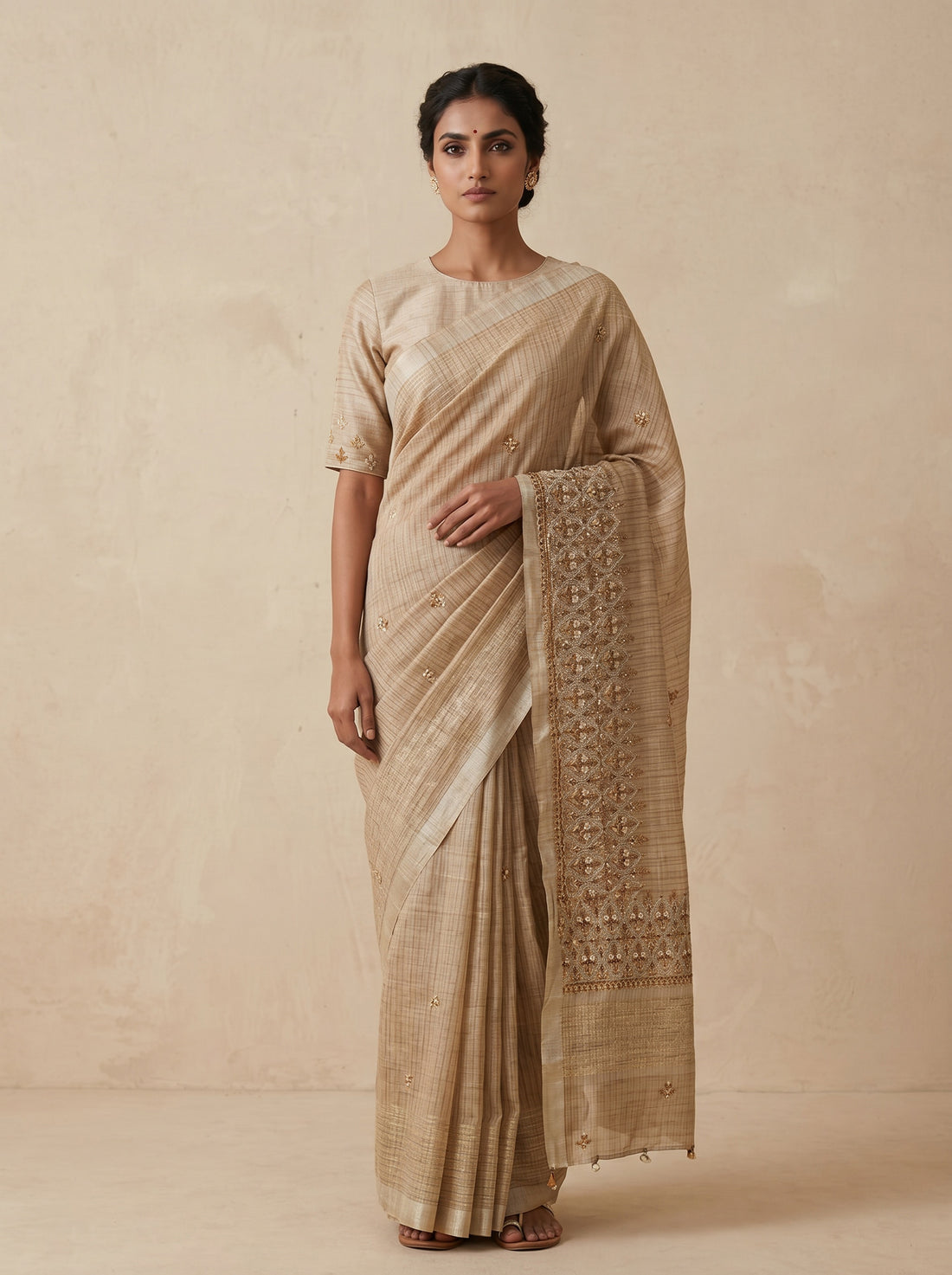 Saantha Signature|Cream Semi Tassar Hand Embroidery Saree