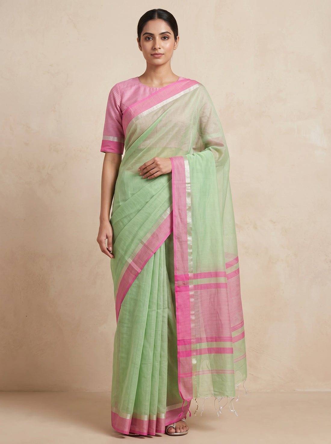 Green Mercerized Cotton Print Saree