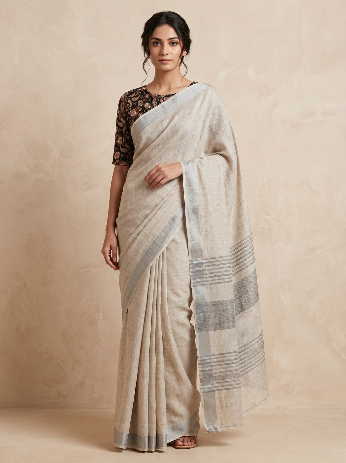 Saantha Signature|Creem Linen Cotton Weave Saree