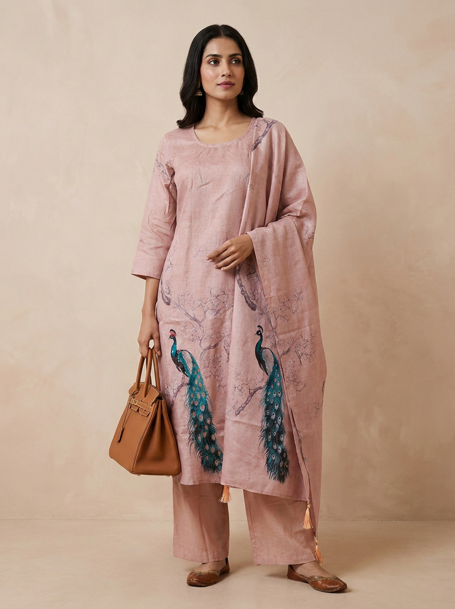 Saantha Signature|Light Pink Linen Embroidery Kurta Set