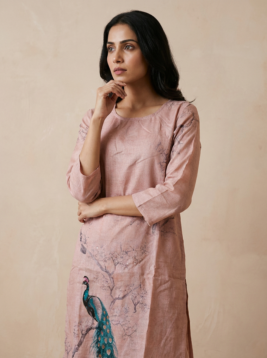 Saantha Signature|Light Pink Linen Embroidery Kurta Set