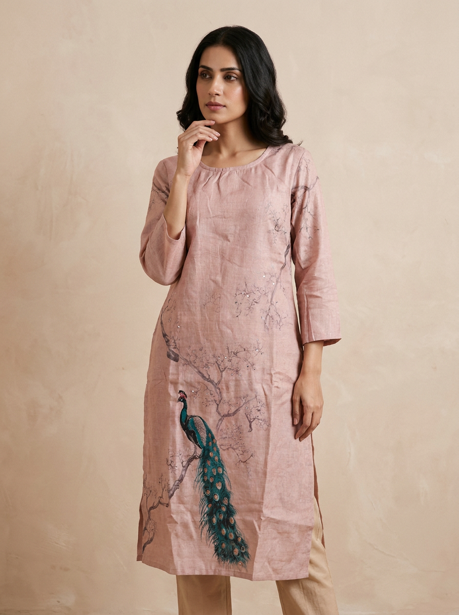 Saantha Signature|Light Pink Linen Embroidery Kurta Set
