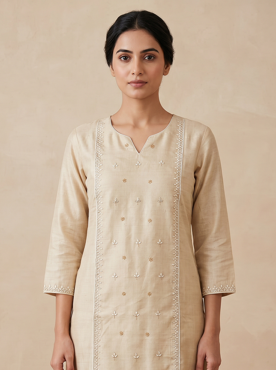 Saantha Signature|Cream Tussar Embroidery Kurta Set