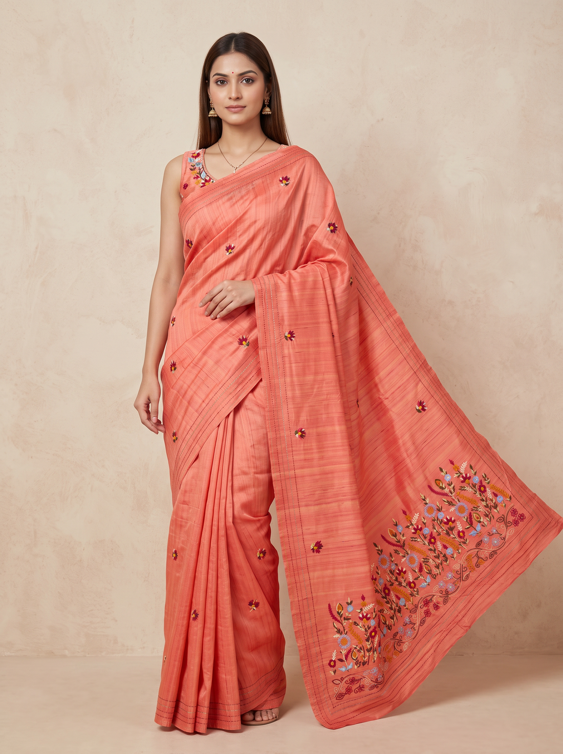 Saantha Signature|Orange Semi Tassar Embroidery Saree