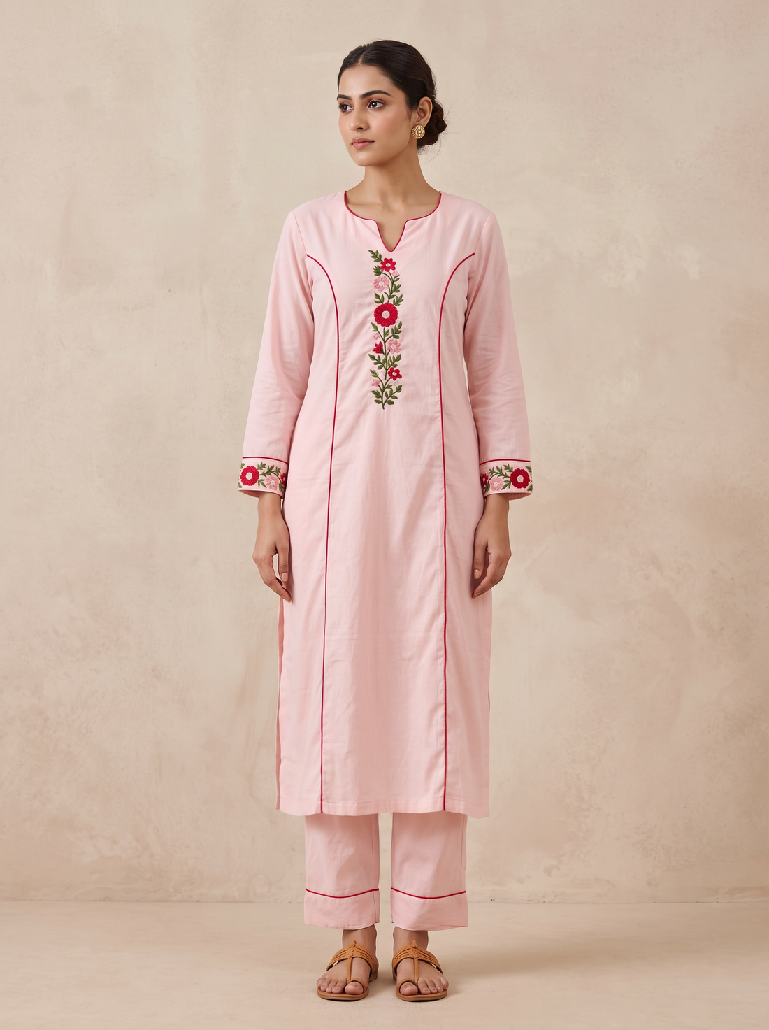 Saantha Signature|Pink Cotton Floral Border Hand-Embroidery Kurta Set