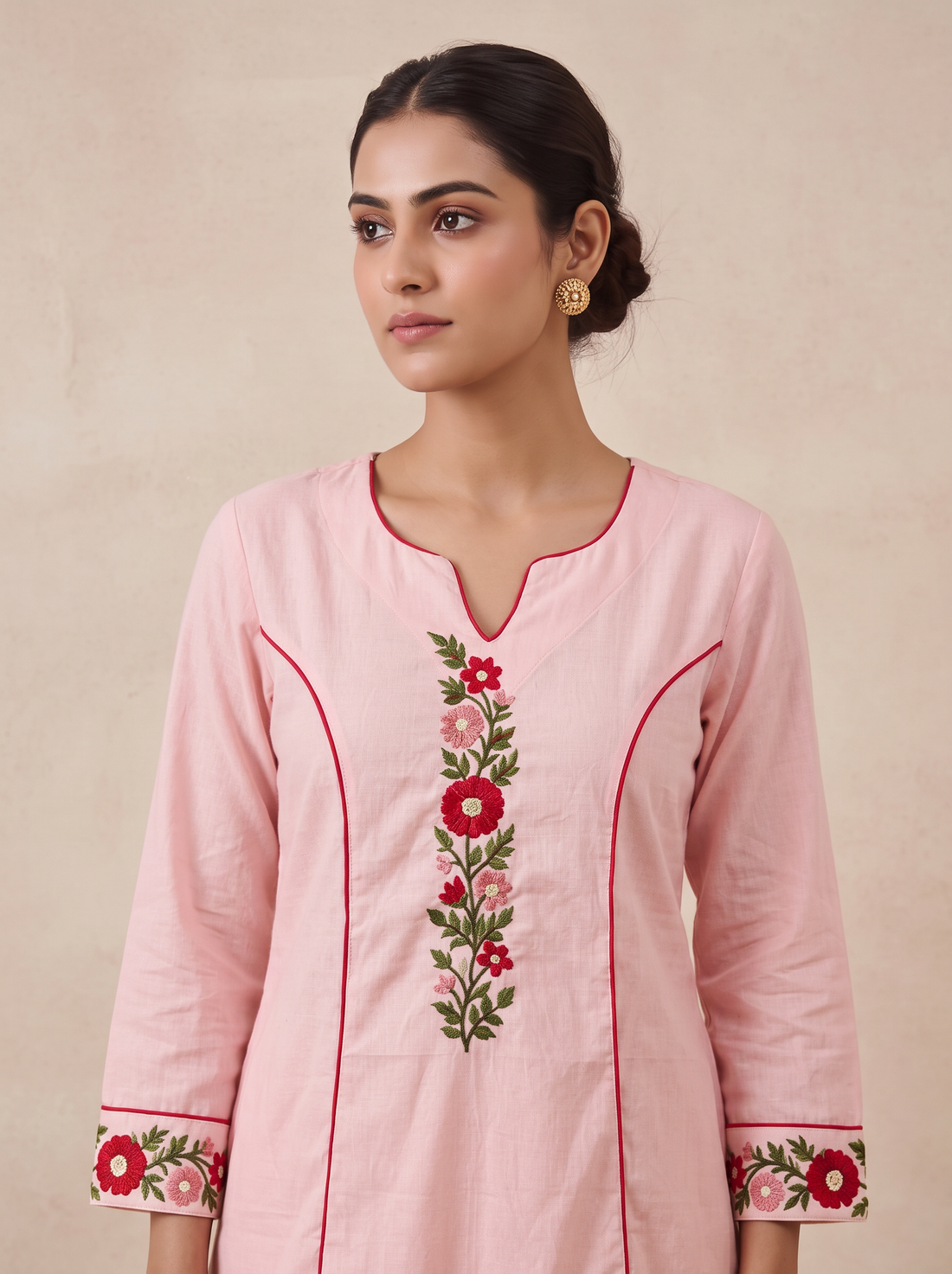 Saantha Signature|Pink Cotton Floral Border Hand-Embroidery Kurta Set