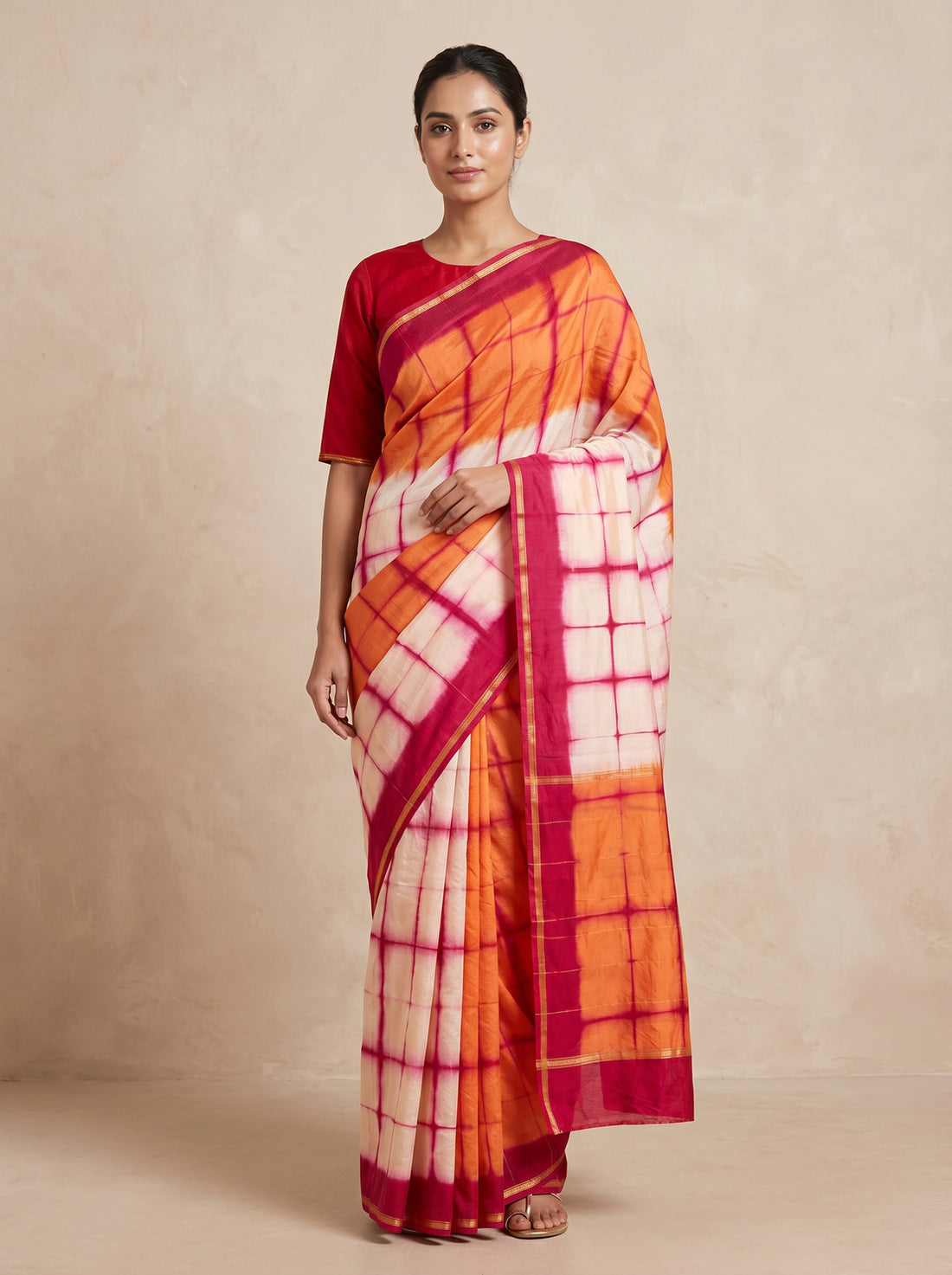 Saantha Signature|White Red Cotton Chanderi Blockprint Saree