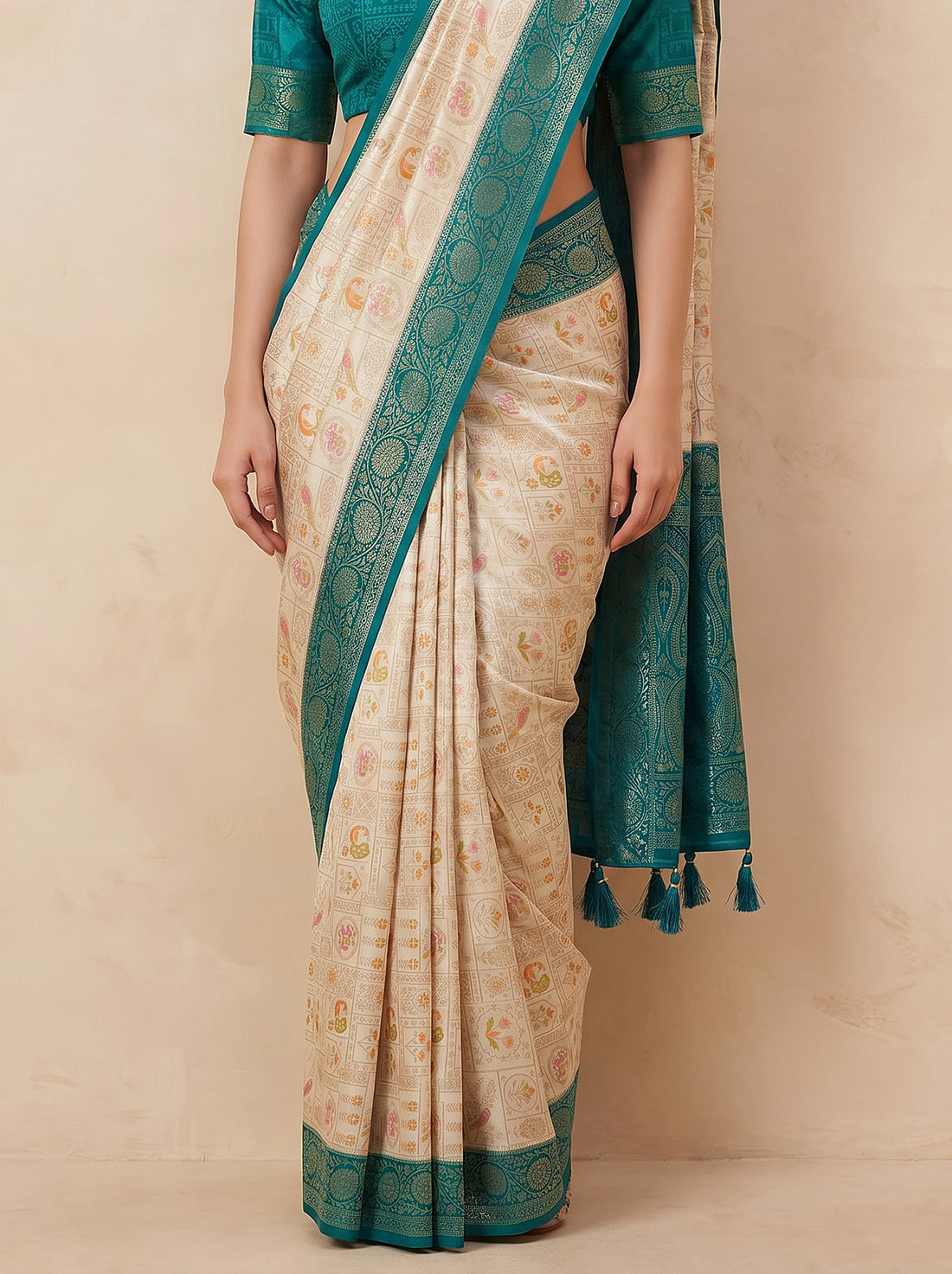 Saantha Signature|Cream Kanjivaram Mina Silk Print Saree