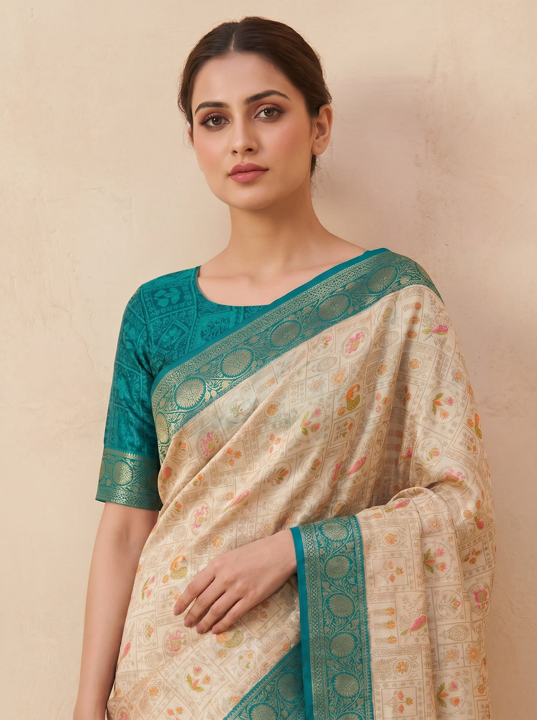 Saantha Signature|Cream Kanjivaram Mina Silk Print Saree