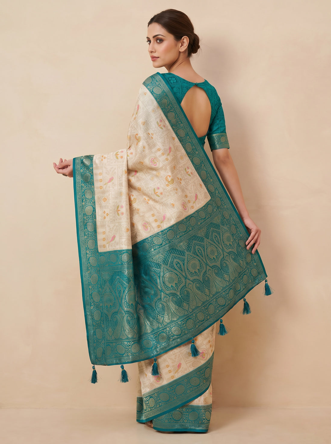 Saantha Signature|Cream Kanjivaram Mina Silk Print Saree