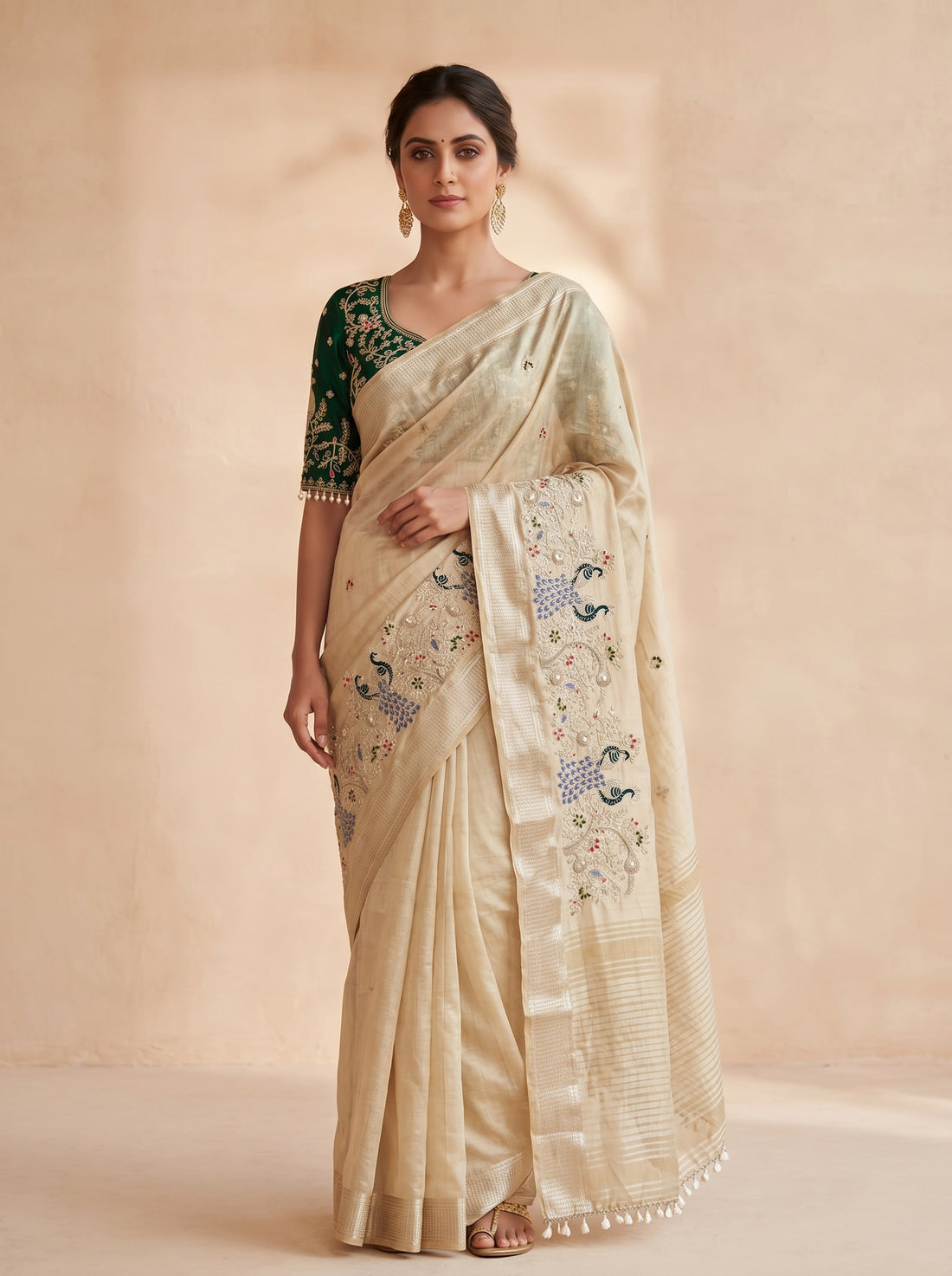 Saantha Signature|Creem Semi Silk Embroidery Saree