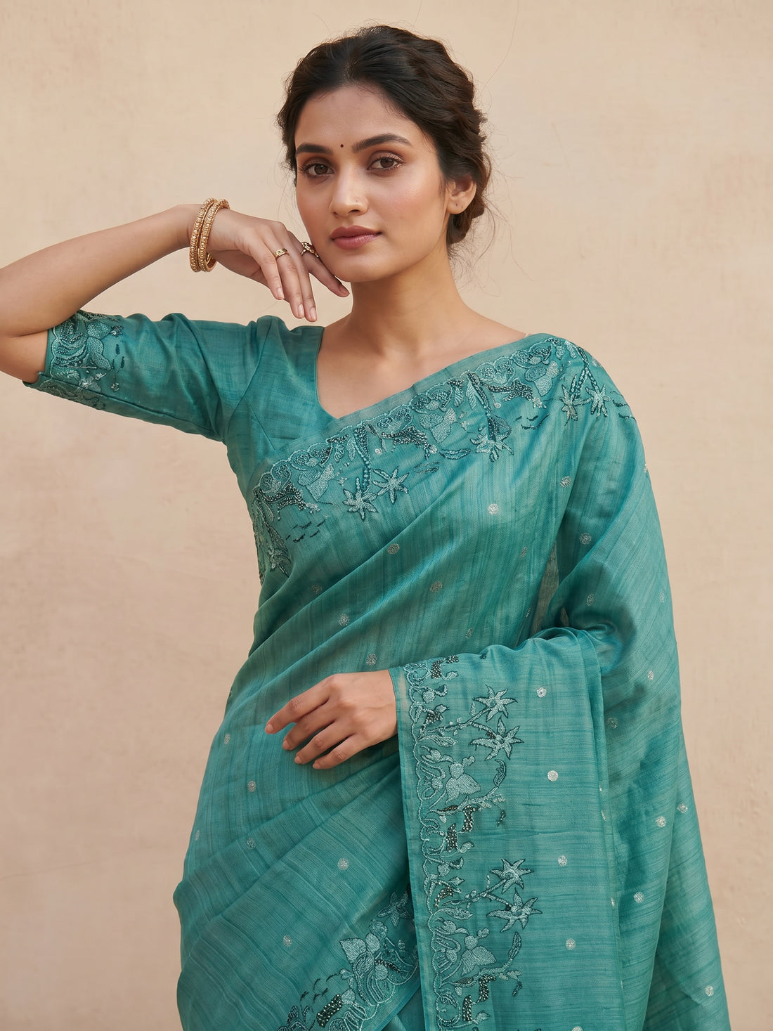 Saantha Signature|Orange Semi Silk Embroidery Saree