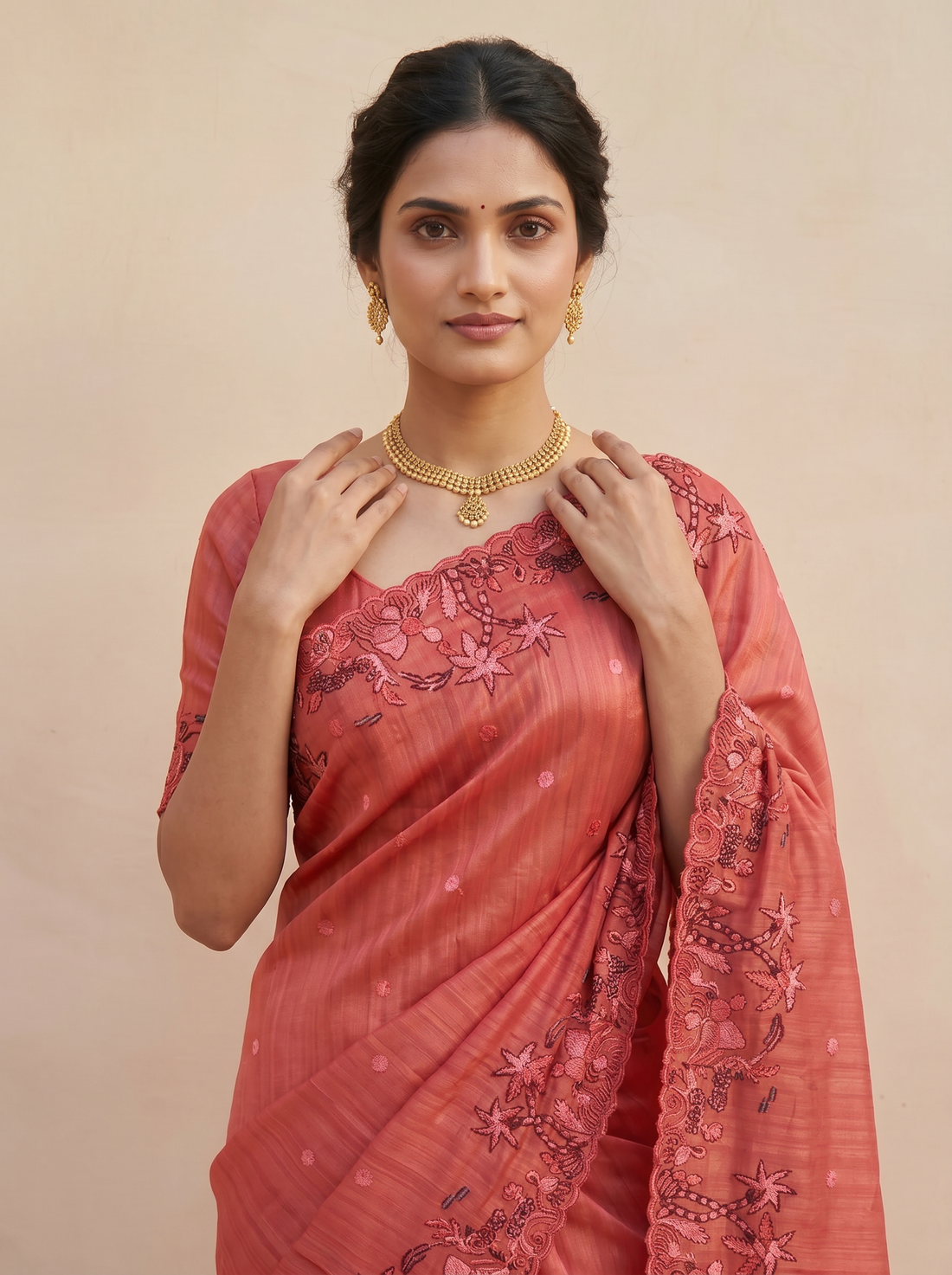 Coral Orange Semi Silk Embroidery Saree