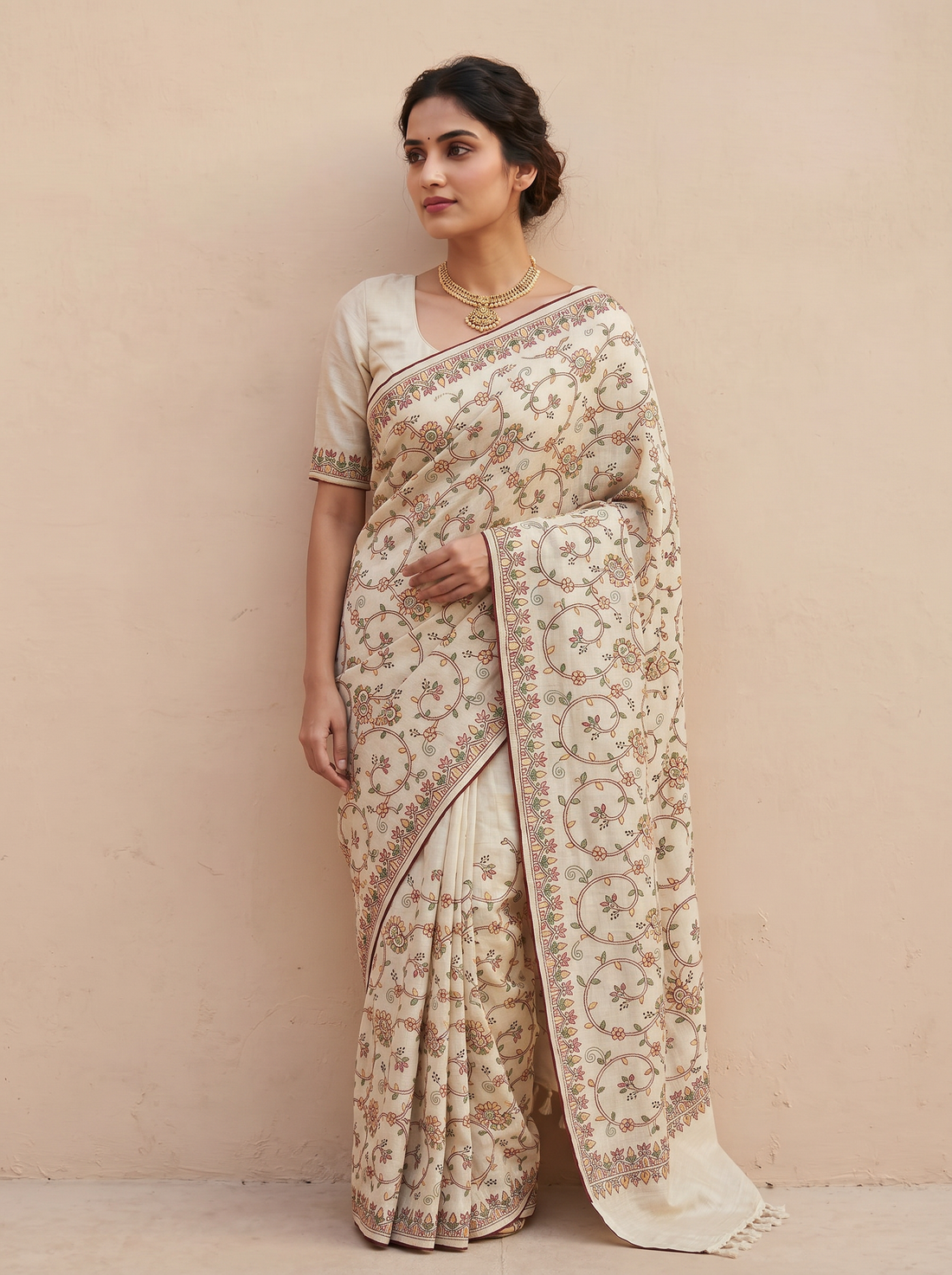 Saantha Signature|Cream Semi Silk Embroidery Saree